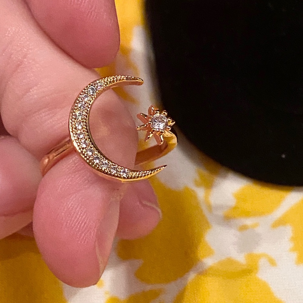 New 925 Gold Stamped Moon & Star Adjustable Ring